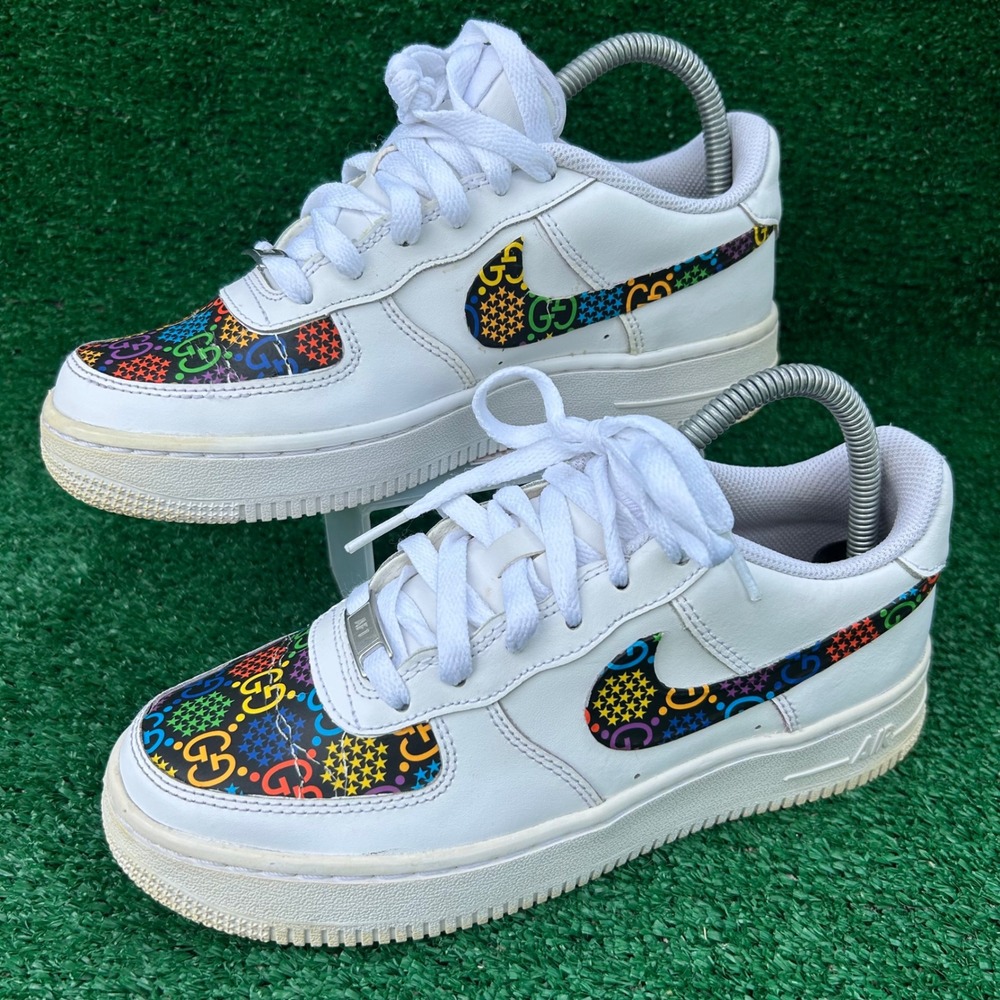 Nike Air Force 1 Low Custom Rainbow GG Monogram White Sneakers‎ 314192-117 5Y